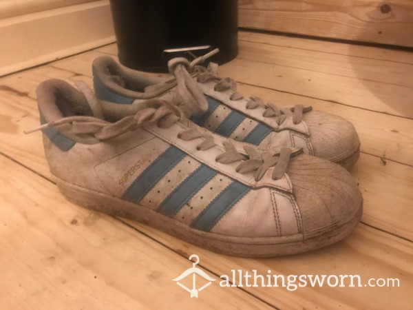 Old White Adidas Superstars, Well Worn, Size 8