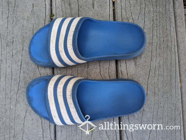 Old Worn Adidas Blue Slides