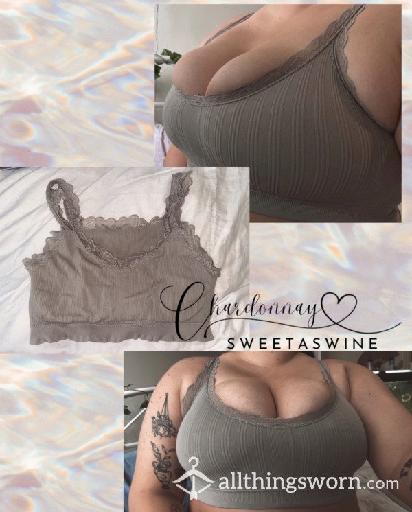 🍷UK M|🩶Old Worn Sweaty Grey Lace Spandex Bra🍉🍉