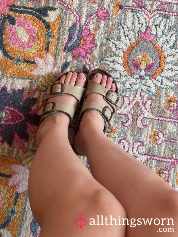 Open Toed Sandals Filled With Sweat And Worn Down With My Footprint