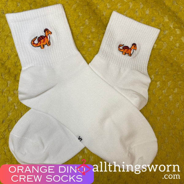 Orange Dino White Crew Socks 🍊 - 2 Day Wear + 1 Workout Included - £15 😈 Longer Wears And International Shipping Available 🌍