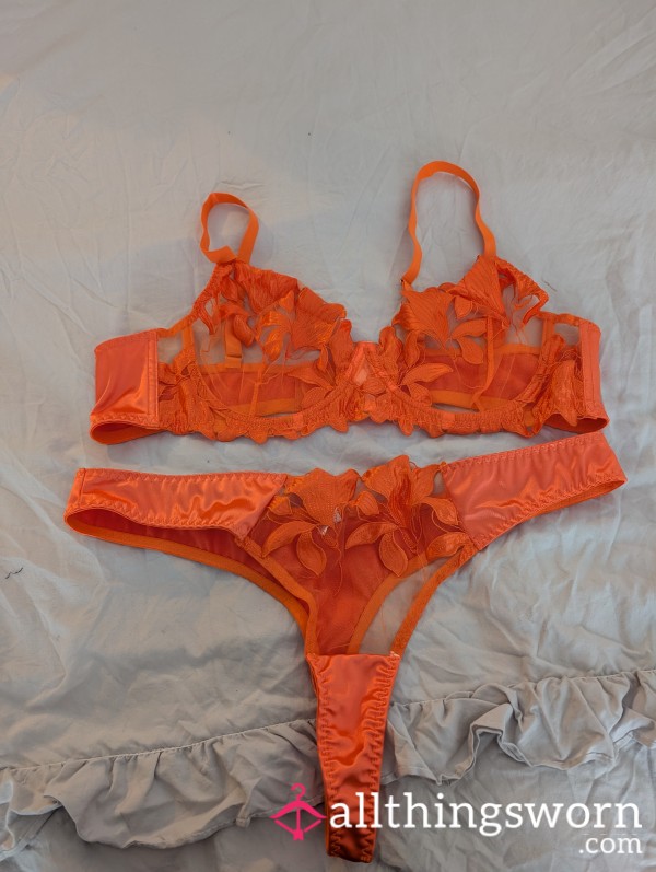 Orange Flor*l Bra And Thong Set