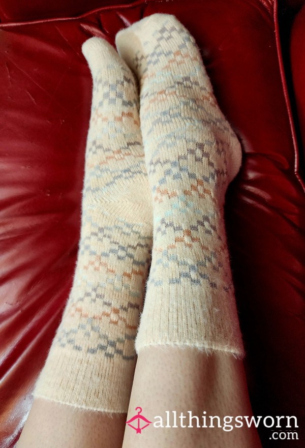 Pale Pink Boot Socks With Multicolor Details Worn By Tall Curvy MILF