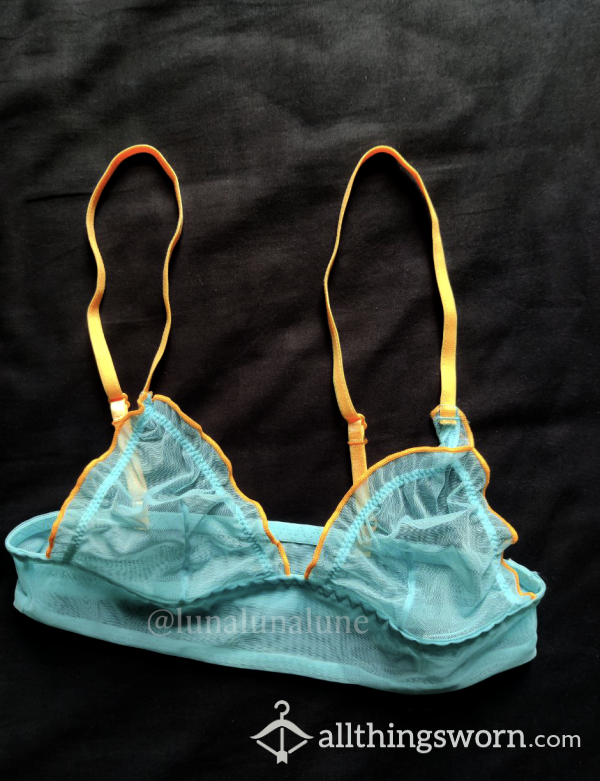 Pastel Blue Mesh Bralette With Neon Straps UK 4 Worn By Petite Asian Goddess