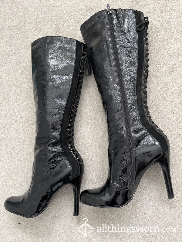 Shiny Patent Stiletto Lace Up Boots