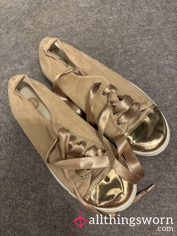 Peace And Rose Gold Trainers With Ribbon Laces Barely Worn