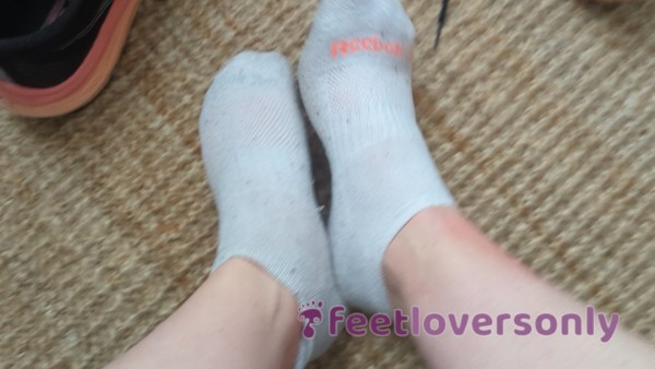 P**ling Of Sweaty Gym Socks, Sweaty White Train Socks. Spreading Toes Wide And Showing Soles And Arches.