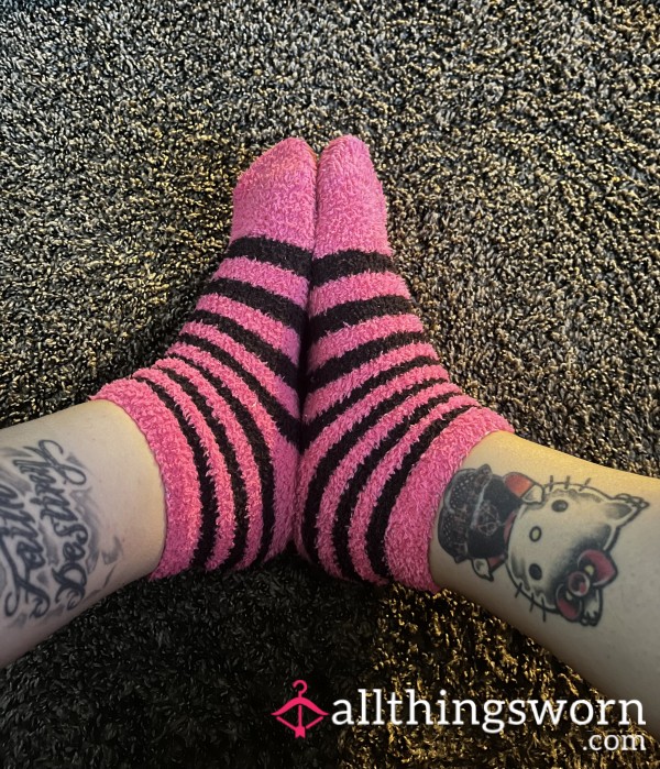 Pink And Black Fuzzy Socks Worn While Cleaning My House