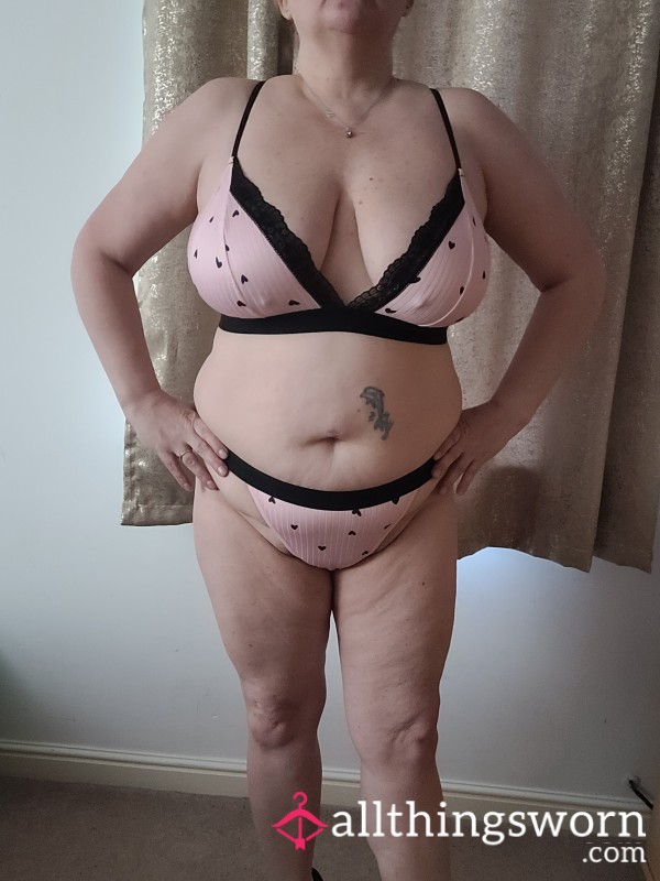 Pink And Black Heart Bra And Thong Set