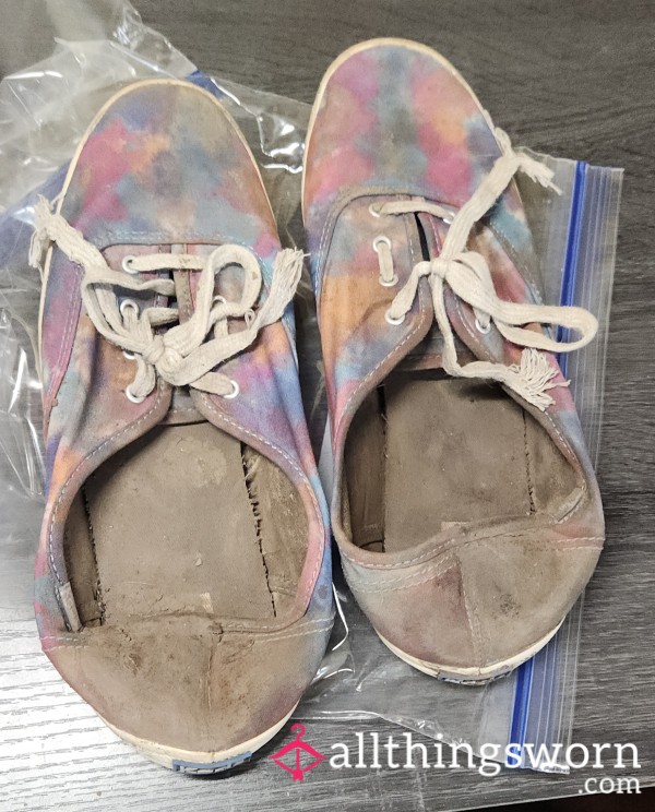 Pink And Blue Worn Keds|size 9.5|dried Mud|frayed Laces|busted Down Backs|double Sealed|worn|filthy