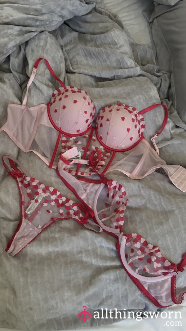 Pink And Red Love Heart Lingerie Set, With Thong, Push Up Bra, And Lace Bra