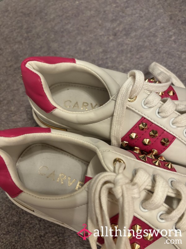 Pink And White Designer Used Trainers With Gold