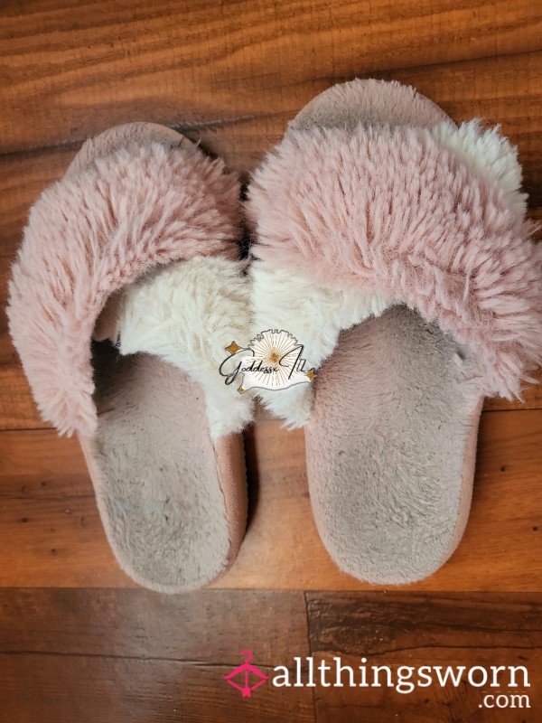 Pink And White Fuzzy Slippers