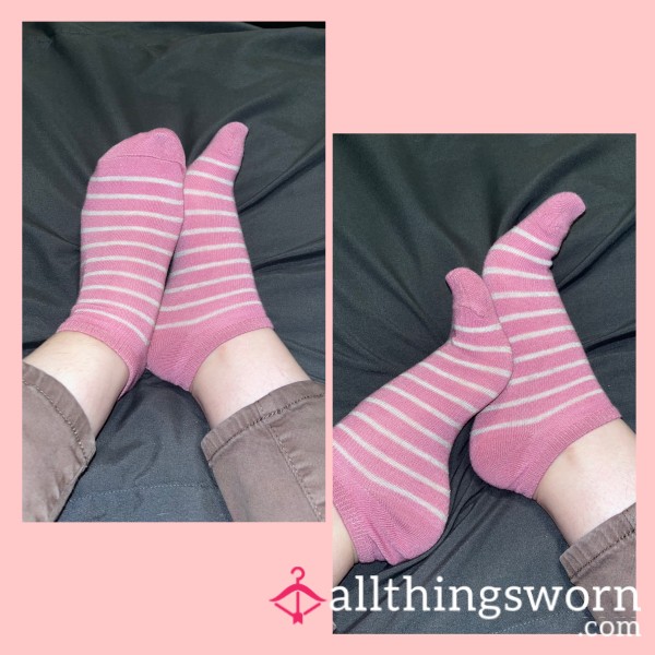 PINK AND WHITE STRIPED ANKLE SOCKS - WORN FOR 3 DAYS 💦