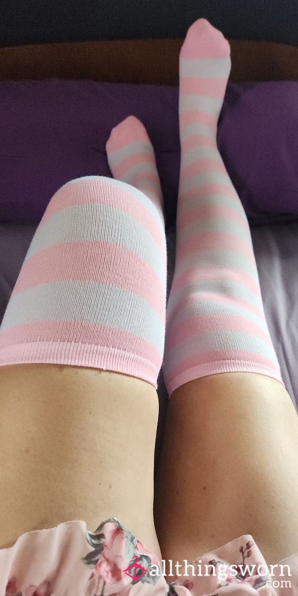 Pink And White Striped Over The Knee Socks - Two Other Colors - Ready For 24 Hours Of Day And Overnight Wear!