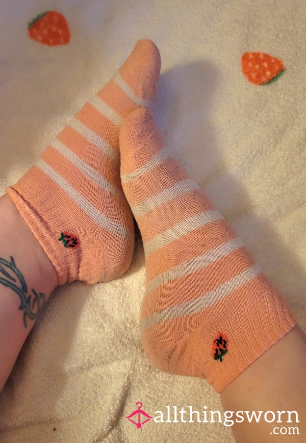 Pink And White Striped Strawberry Ankle Socks