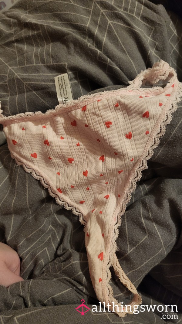 Pink Cotton Elastic Thong With Lovehearts