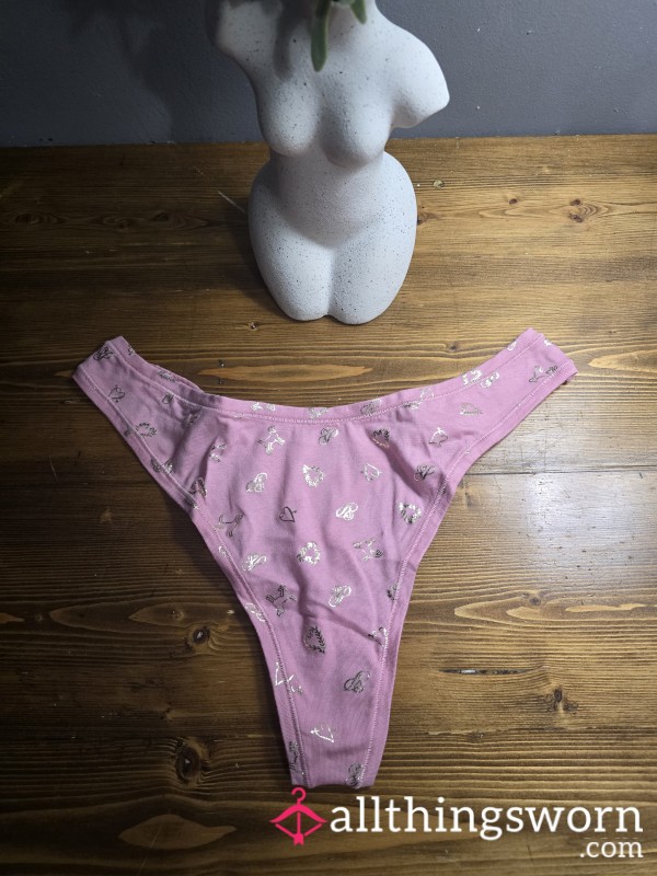 Pink Cotton Thong With Gold Graphics