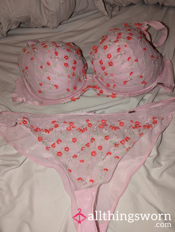 Pink Flor*l Bra And Thong