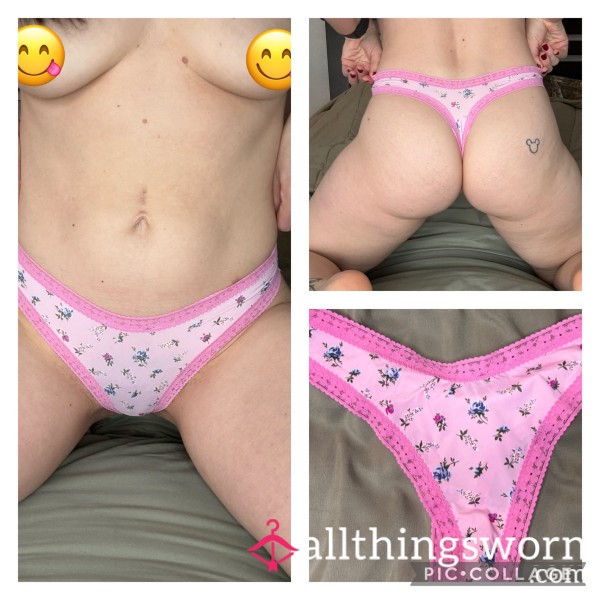 Pink Flor*l Thong W/ Lace Trim