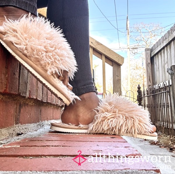 Worn Pink Furry Slippers