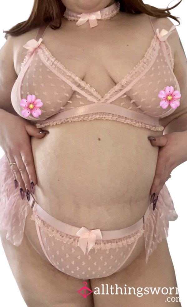 💕 Pink Heart Mesh Frilly Plus Size Lingerie Set With Thong And Collar 💕