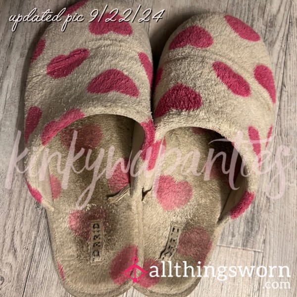 *SOLD* Stinky, Sweaty Pink Heart Slippers  - Size 10W - Includes U.S. Shipping