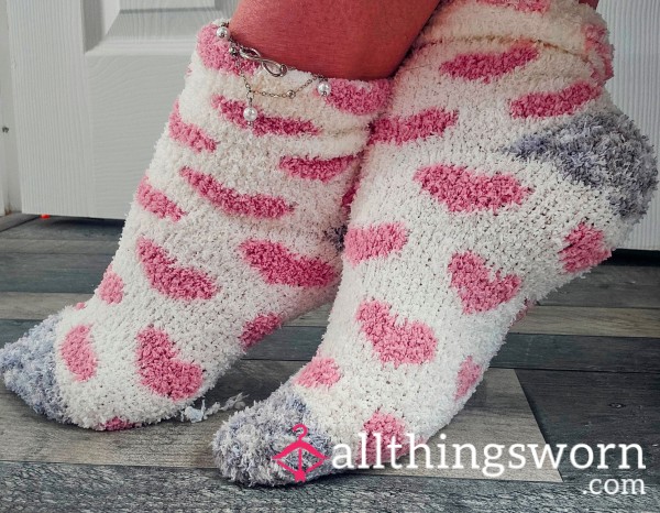 (NS) Pink Hearts Socks For Sale - Dirty, Smelly, Well Worn Sweaty Fluffy Socks....48 Hour Wear