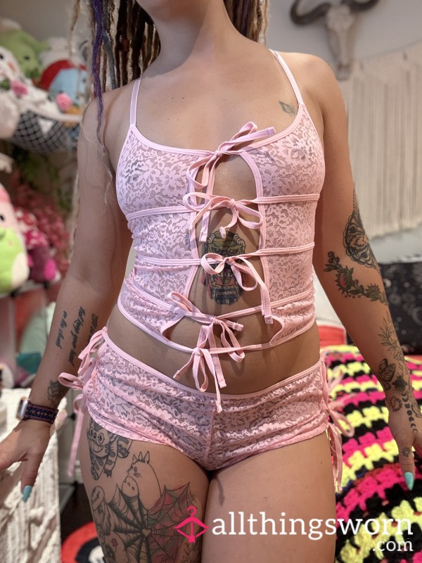 Pink Lace Tie Up Lingerie Set