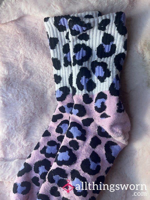 🩷 Pink Leopard Print Crew Socks With 2 Min Video & Proof Of Wear Pics ♡ £3 UK P&P 🇬🇧 Worldwide Shipping Available!