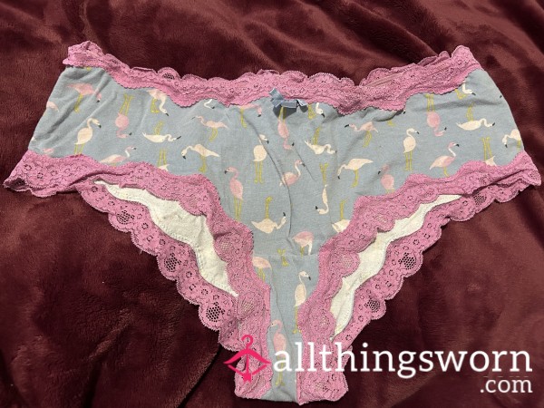 ~PINK & LIGHT BLUE FLAMINGO PRINT LACE TRIM COTTON CHEEKY PANTY~