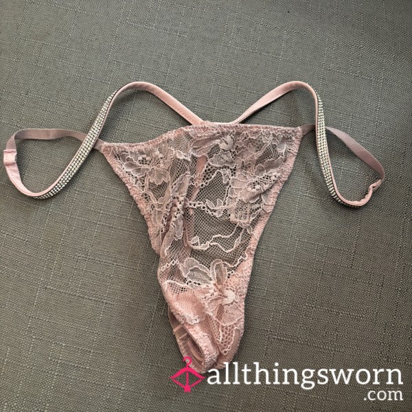 Pink Rhinestone Lacy VS 24hr Worn Soaked Thong