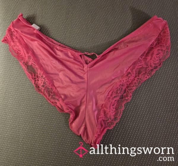 🩷Pink Satin Thong With Lace Trim🩷