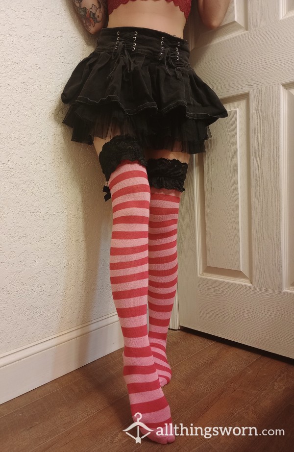 Pink Striped Thigh High Socks