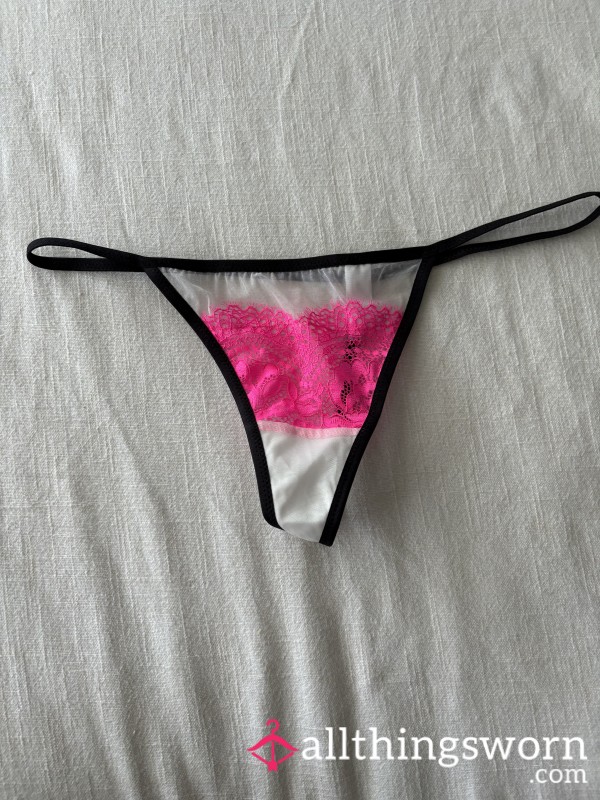 Pink White Lace Mesh Thong