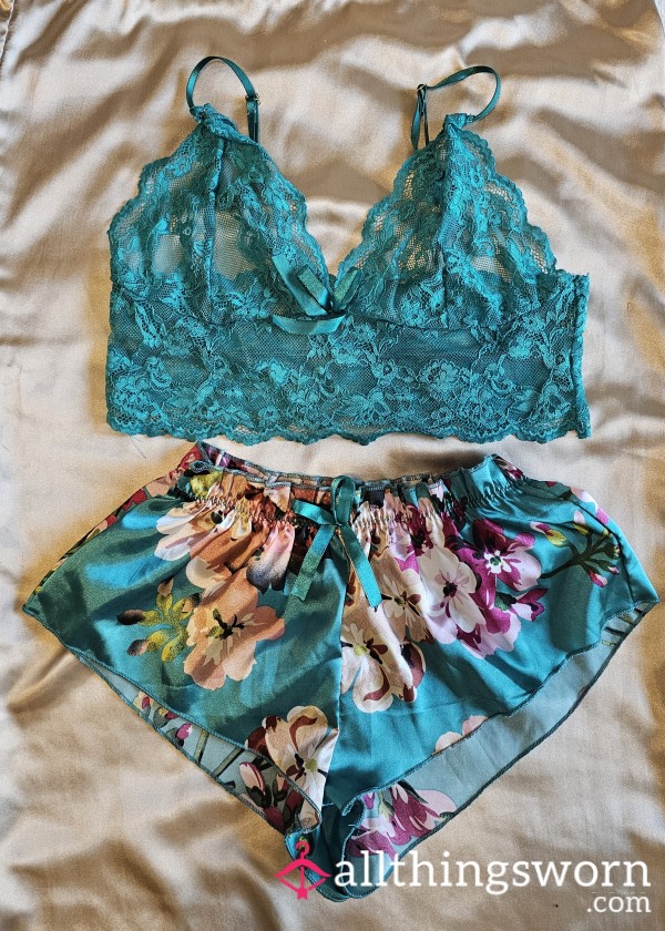 PJ Set: "Tantalizing Turquoise" Satin And Lace