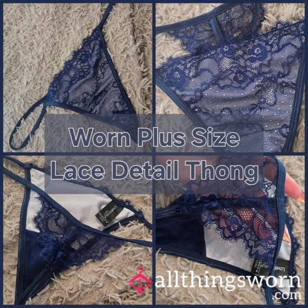 Plus Size Worn Navy Blue Lace Detail Thong - INTRODUCTORY PRICE