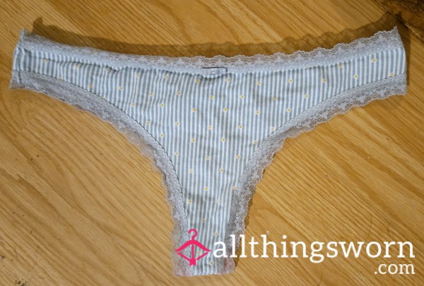 Pre- Worn Soft White And Blue Thong With Tiny Flower Details.