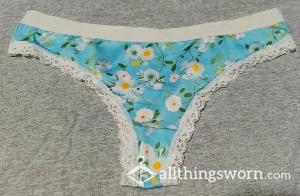 Dainty Blue Flor*l Thong Panty, Worn Just For You