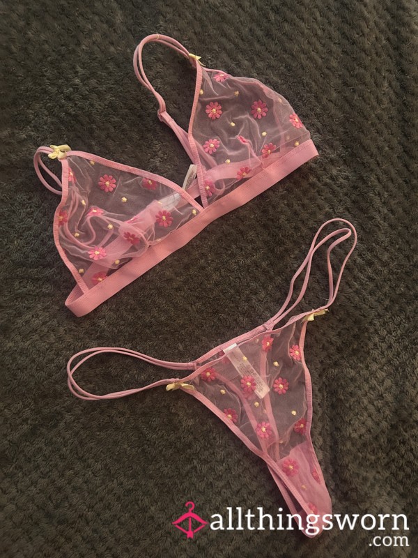 Pretty In Pink Lingerie Mesh Thong And Bra