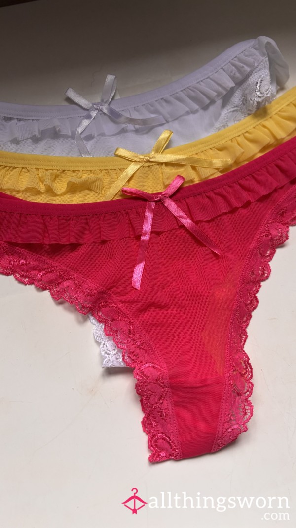 Pretty Little Sl*t Soft Mesh And Lace Frilly Detailed Thong . 48 Hours Wear