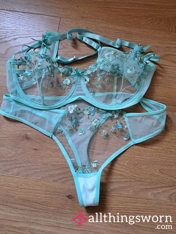 Pretty Mint Green Sheer Embroidered Bra And Thong Set  💚