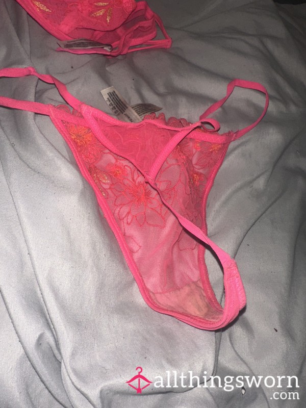 Pretty Pink Flor*l Pu**y Thongs Worn To A Crisp And A Vibrant Thong To Add To Your Collection. Matching Bra Is Available Too. Both Sides Have Been Tied On The Thong To Ensure A Nice Marinatio