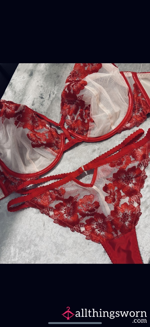 Pretty Red Lace Bra And Thong Set