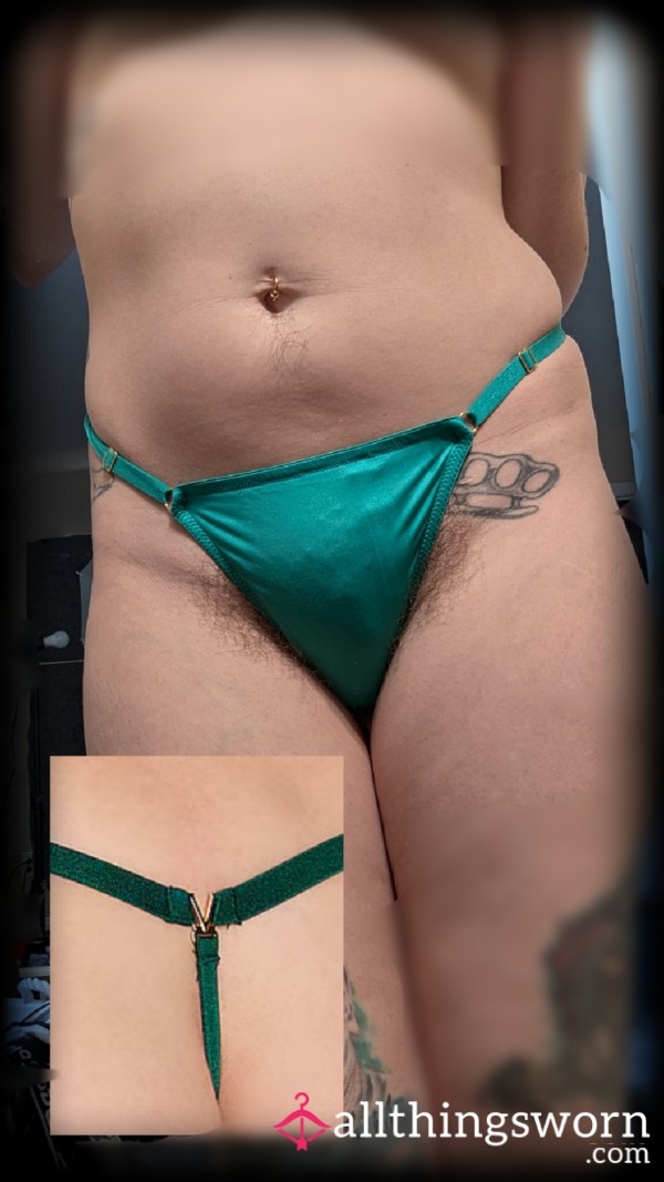 Pretty "satin Feel" Teal G String With Gold Emblems And Adjustable Straps