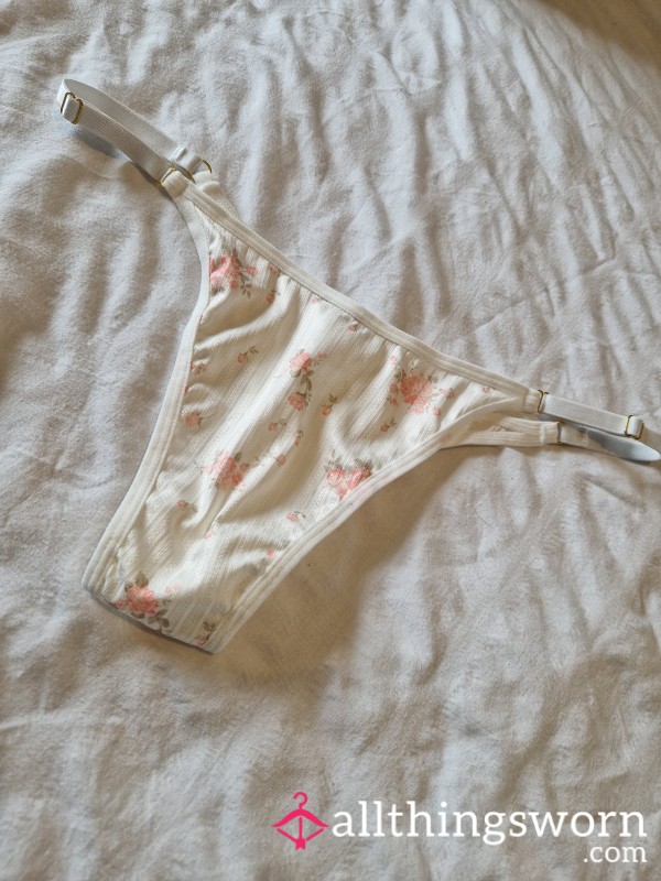 Pretty White Thong With Flower Design