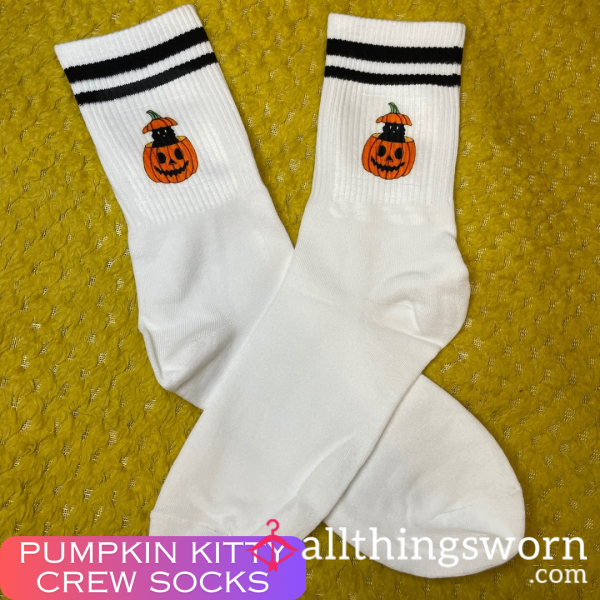 Pumpkin Kitty White Crew Socks 🐈‍⬛   - 2 Day Wear + 1 Workout Included - £15 😈 Longer Wears And International Shipping Available 🌍