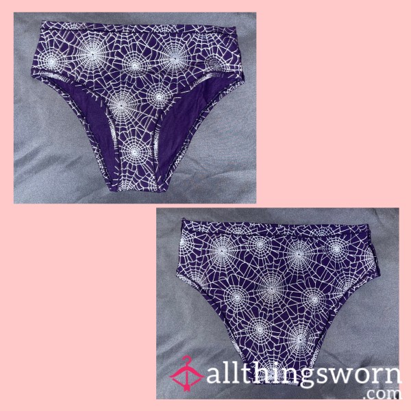 PURPLE AND WHITE “VS PINK”HALLOWEEN SPIDERWEB CHEEKY COTTON FULLBACK PANTIES MEDIUM - WORN FOR 24 HOURS 💦