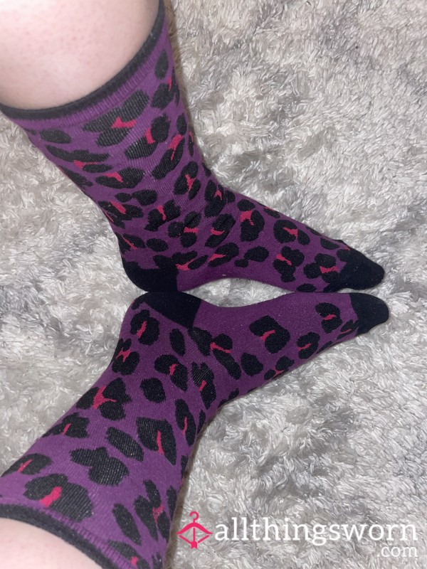 Purple Cheetah Print Crew Socks