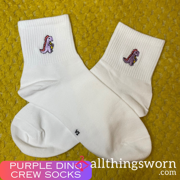 Purple Dino White Crew Socks 💜  - 2 Day Wear + 1 Workout Included - £15 😈 Longer Wears And International Shipping Available 🌍